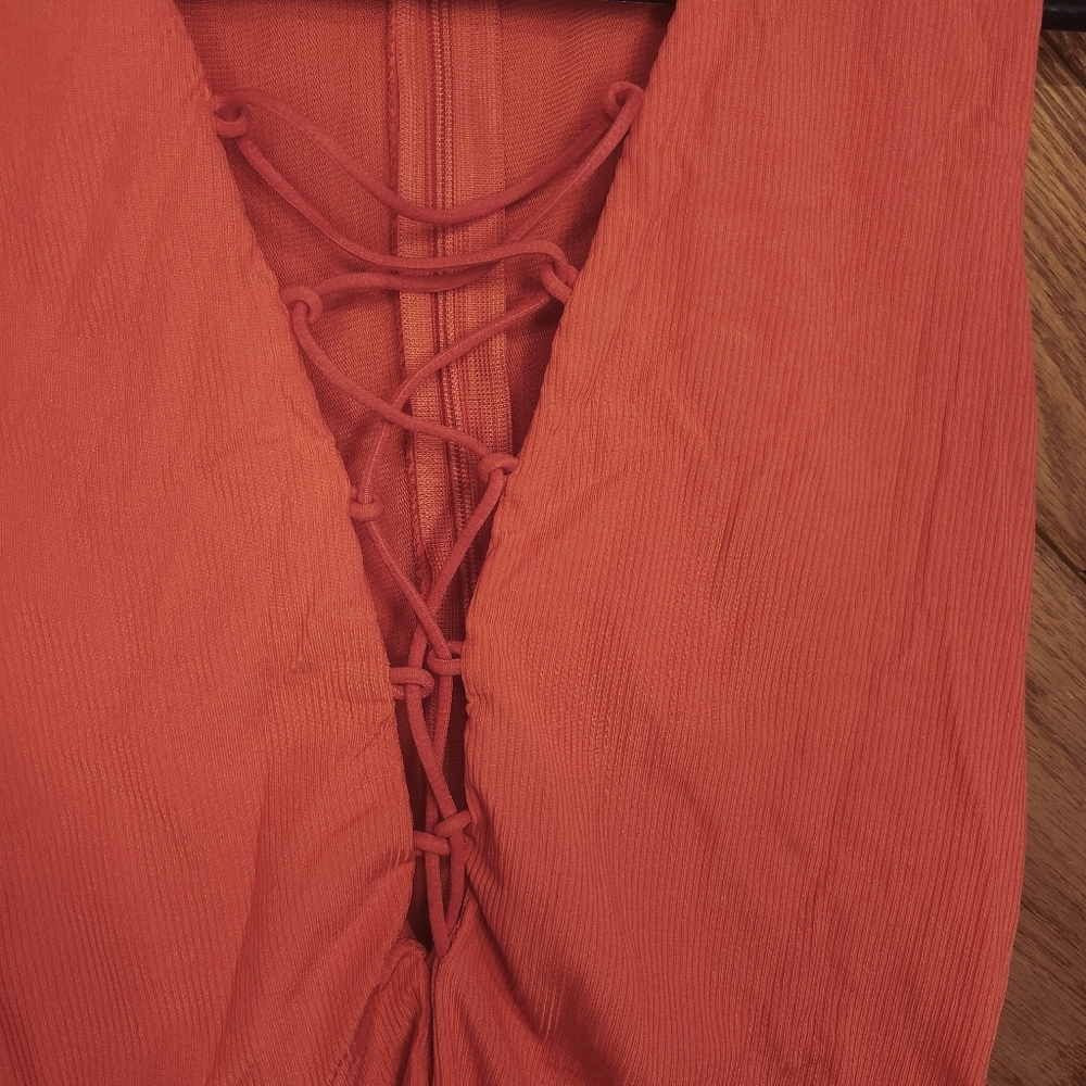 Forever 21 Light Red Orange Vertical Striped High Neck CrissCross Small Bodysuit - Picture 4 of 10